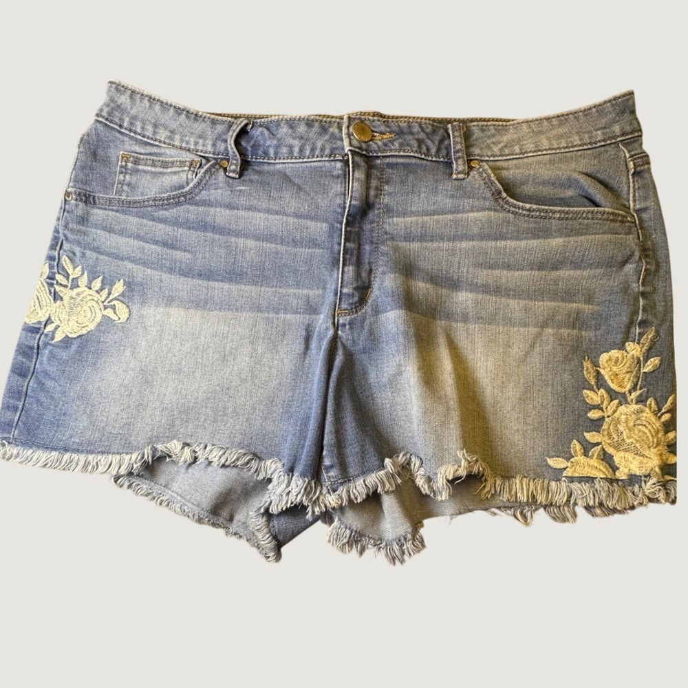 a.n.a A New Approach Womens Blue Floral Embroidered Frayed Denim Shorts Size 16